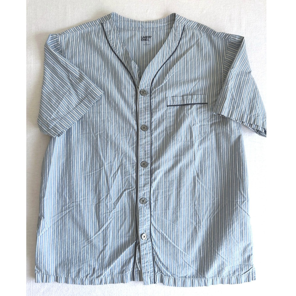 Lands' End Blue White Striped Collarless Button Up Pajama‎ Shirt SZ Large
